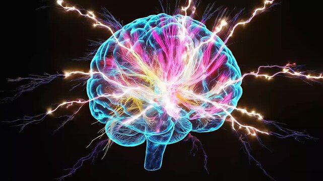 A breathtaking scientific visualization of the human brain connectome, thousands of glowing fiber tract pathways rendered in vivid spectrum colors against pure black background