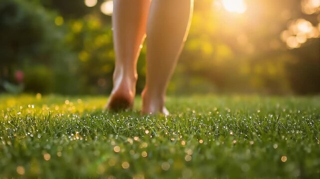 Barefoot woman walking on dewy green grass in a sunlit backyard garden during early morning, golden hour light casting warm glow