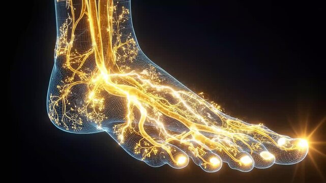 Medical video of the nervous system of the human foot, nerve pathways glowing in electric yellow and gold tones against deep dark blue background