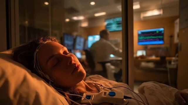 A patient sleeping peacefully in a modern sleep diagnostic center with multiple EEG and polysomnography sensors attached, technician monitoring brainwave data on screens in background