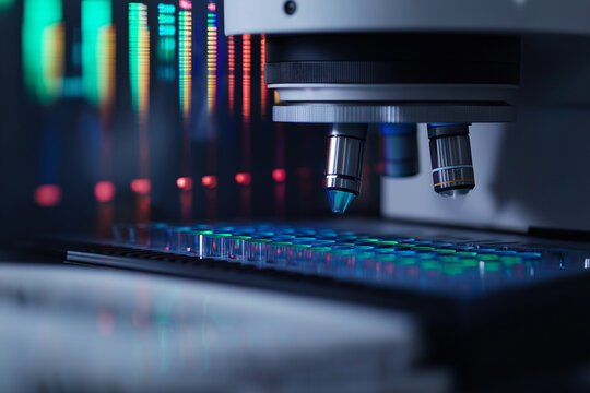 Close-up of a DNA sequencing machine, emphasizing the advancements in biotechnology and genetics