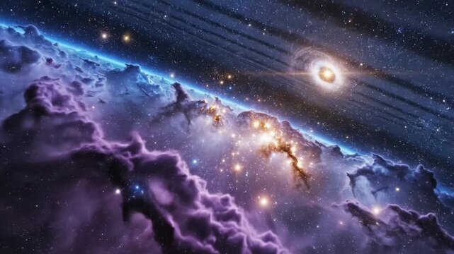 Video of abstract cosmic landscape representing space exploration breakthrough, glowing nebula formations in deep space, modern science inspired backdrop for digital media and cinematic projects.