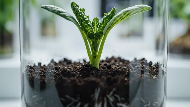 Botanical Development Cycle visualized in a bright controlled indoor setting, transparent container revealing intricate root expansion beneath the soil while the upper plant steadily grows taller,