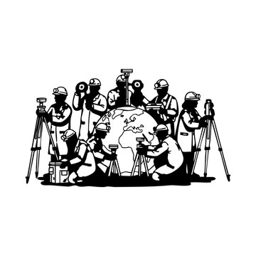 Geomagnetic Survey Team  Geologists Measuring Earth Magnetic Field with Magnetometer Equipment Silhouette Vector Illustration