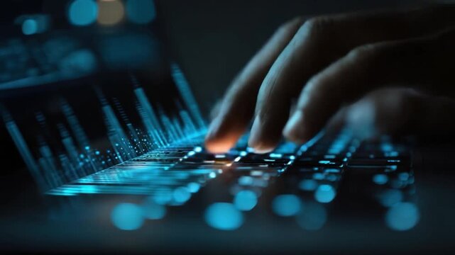 Coding hands: A close-up shot captures hands typing passionately on a laptop keyboard, as data streams and glowing lights create an atmosphere of technological prowess and creative expression.