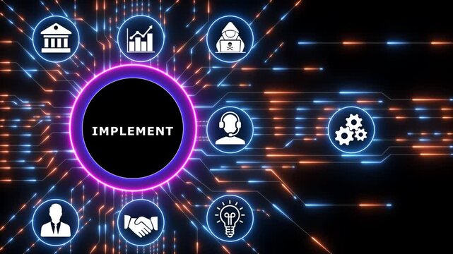 Implement concept button on a futuristic. high performance. network icon.Circuit board with Technology background,4k video