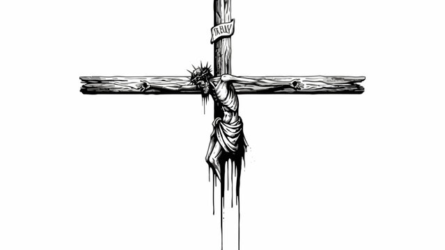 Jesus Christ crucifixion ink sketch on wooden cross isolated