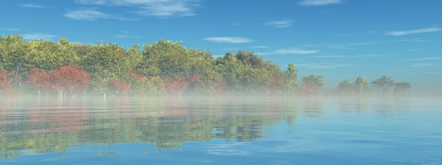 Forest over a river, trees over water, park over a lake, forest and water, 3D rendering © ustas