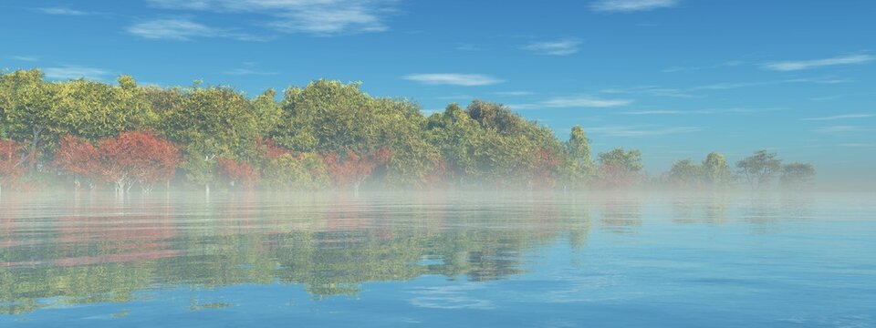 Forest over a river, trees over water, park over a lake, forest and water, 3D rendering