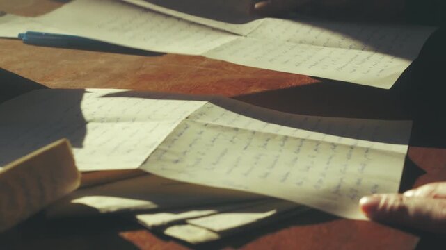 Close-up of hands reading old handwritten letters under warm light. Useful for storytelling visuals, history themes, research scenes and reflective moments.