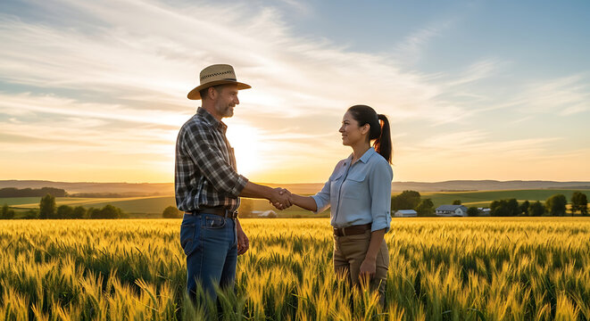 Professional handshake between two farmers standing in a lush green agricultural field at sunset symbolizing a successful business agreement, rural partnership, and sustainable farming deal.