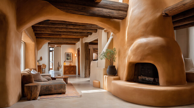Cozy Southwestern interior featuring hand-plastered adobe walls, exposed wooden ceiling vigas, a traditional kiva fireplace, and rustic organic furniture.