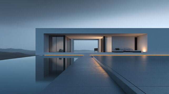 Sleek geometric concrete villa featuring an infinity pool reflecting a blue hour sky. Minimalist architectural lines create a serene and luxurious waterfront atmosphere.