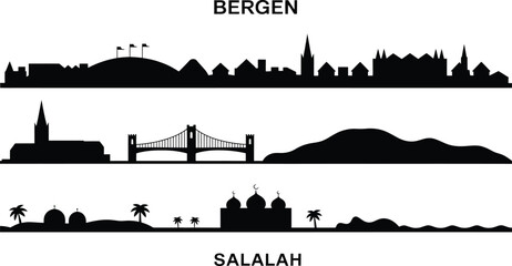 Obraz premium Bergen and Salalah city silhouettes skyline vector collection with architectural landmarks black