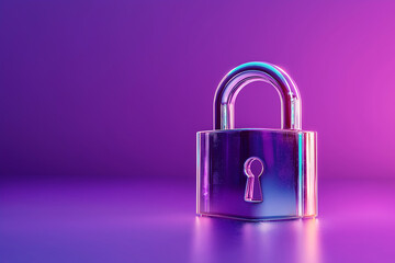 Cyber security concept with a padlock on violet background. 3d padlock against a vibrant purple background, symbolizing security and protection for data or personal information