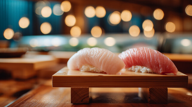 Two exquisite pieces of traditional Japanese nigiri sushi featuring fresh tuna (akami) and white fish on a wooden serving board with a warm, bokeh background.