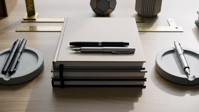 Video of organized workspace featuring pens, journals and sleek desk accessories, business planning and study environment theme, contemporary office backdrop.