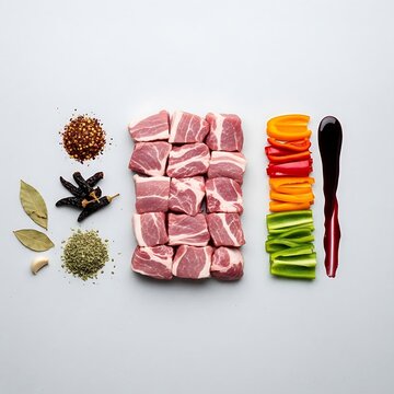 Minimalist flat lay of raw pork cubes, colorful bell peppers, red wine, dried oregano, and chili flakes for spit-roast.