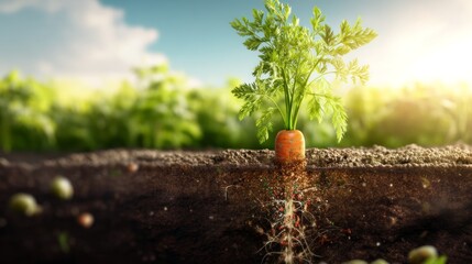 Naklejka premium Vertical Cross Section of Soil Showing Carrot Seed Sprout Growth in Garden