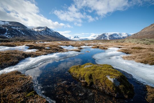 Vast icy tundra with patches of bright green moss and melting snow under blue sky with clouds, surrounded by snow capped mountains in distance