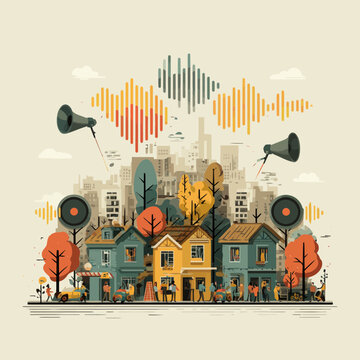 Urban noise pollution visualized in a cityscape illustration