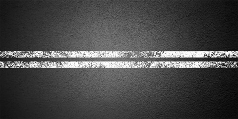 Asphalt road with white lane marking, concrete highway surface, texture. Street traffic line, road dividing strip. Pattern with grainy structure, grunge stone background. Vector illustration
