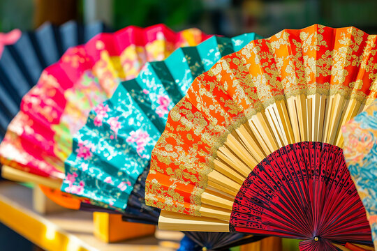 Display of colorful traditional Spanish flamenco fans in Andalusia, Spain background