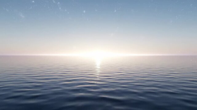 Futuristic Infinite Water Plane Concept, a stylized minimalist environment featuring an endless reflective water surface extending toward a luminous horizon glow, subtle silver-blue tones under a