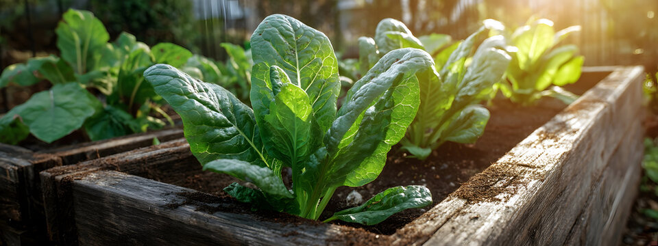 Vibrant green leafy vegetables thriving in a rustic wooden raised garden bed under warm morning sunlight, showcasing healthy organic growth and sustainable gardening practices