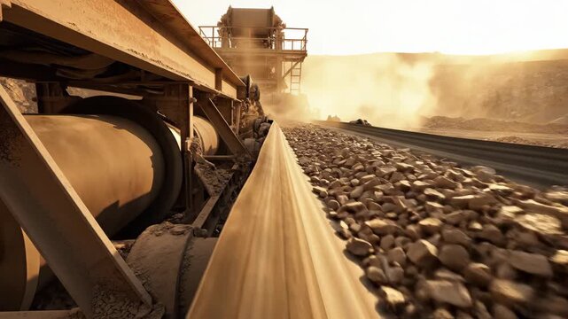 Video of Industrial Conveyor Belt in quarry setting transporting raw aggregates with airborne dust, ideal for construction supply visuals, manufacturing campaigns, and resource extraction concepts.