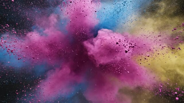 Video of multicolor powder blast creating dramatic smoke cloud, vivid artistic burst for advertising backdrops, social media promos, and modern design content.