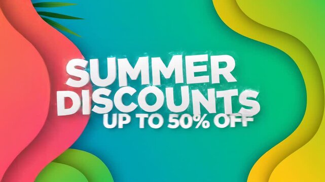 This video presents summer discount announcement with bold animated text and radiant gradient background, online shopping promotion theme and social media advertising asset.