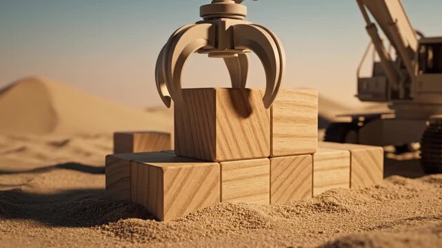 Video of small crane model assembling blocks in sandbox setting, construction planning metaphor concept, startup growth and infrastructure development theme.