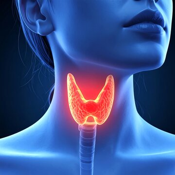 A blue-tinted human neck with a glowing red thyroid gland