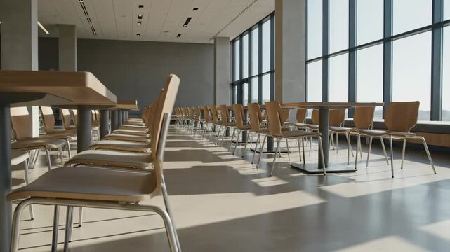 Video modern cafeteria dining hall with organized seating and natural light for workplace promotions, educational facility campaigns, and architectural showcase content.