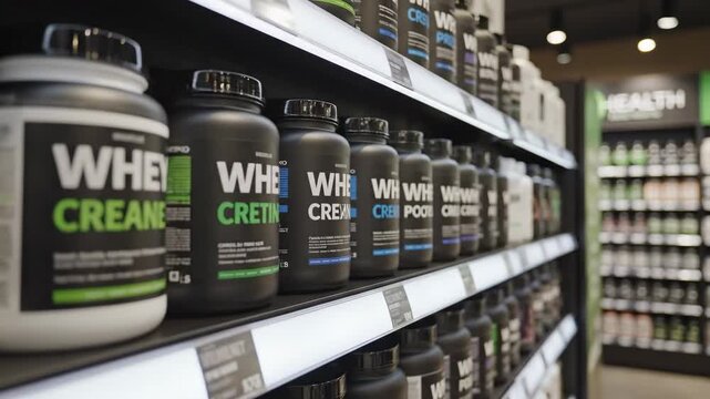 Video of protein supplement shelf with whey and creatine jars in organized retail display, sports nutrition product showcase, health store merchandising background for fitness and wellness marketing