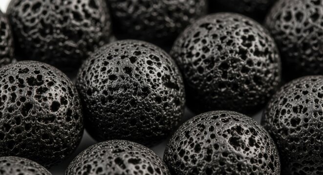 Black porous stone balls closeup texture.