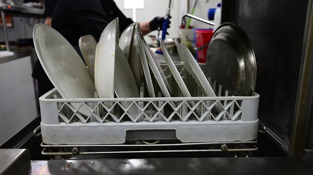 Commercial kitchen dishwasher washing a rack of dirty plates