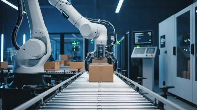This video presents an automated robotic box handling scene with accurate pick-and-place movement, ideal for ecommerce fulfillment branding, warehouse innovation visuals, supply chain presentations,