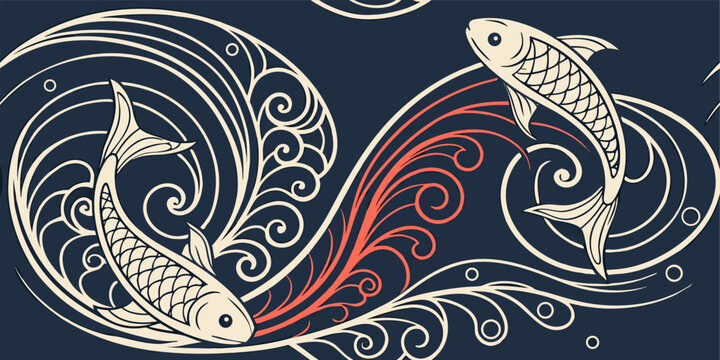 intricate vector illustration of dual koi fish swimming in wave