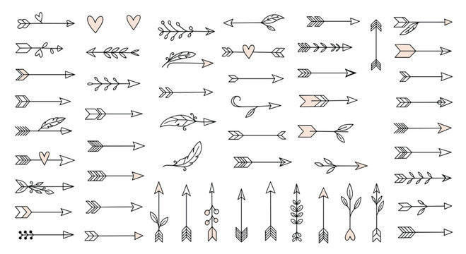Comprehensive collection of hand drawn decorative arrows with hearts feathers and foliage for creative design projects.