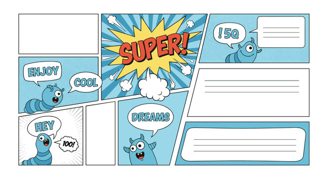 Playful comic book page layout featuring cute blue worm characters empty speech bubbles and action words.