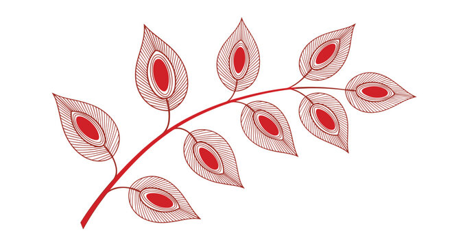 Artistic illustration of a curved red branch features intricate leaves decorated with peacock eye patterns for a sophisticated and unique look.