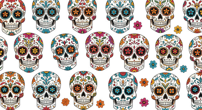 Vibrant pattern showcases a collection of colorful Mexican sugar skulls or calaveras decorated with flowers for Day of the Dead celebrations.