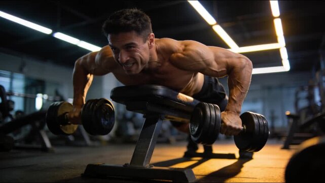Muscular athlete performing intense dumbbell chest press on a bench in modern gym, demonstrating strength training, bodybuilding discipline, and focused fitness workout.