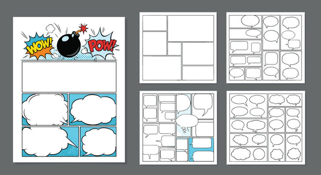 Collection of various comic book layout templates including speech bubbles and explosion elements for designing custom graphic novels.