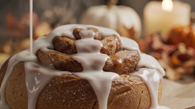 Video of minimalist Cinnamon Roll Icing drip in cozy autumn-inspired scene, gourmet pastry concept, sweet breakfast branding, warm seasonal dessert atmosphere, slow-motion white glaze forming delicate
