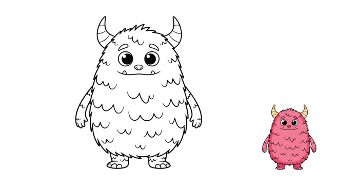 Illustration of a cute furry monster character provided in a large black and white line art version and a small colored version.