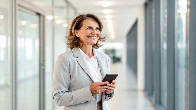 Woman stands in a modern office corridor holding a smartphone and smiling during a workday meeting