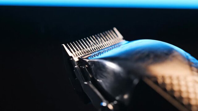 Video of professional trimming tool close-up showcasing sharp blade alignment, modern barber equipment visual for hygiene, style, and grooming brand media.